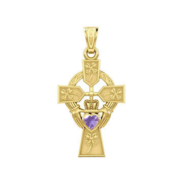 Claddagh Celtic Cross with Lucky Four Leaf Clover 14K Yellow Gold Pendant GPD5359 - Jewelry